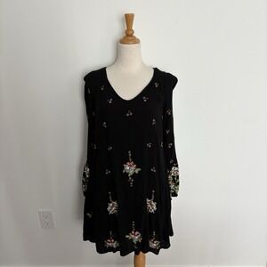 Free People Womens Dress XS Black Embroidery Lined Hippie Boho Relaxed Casual